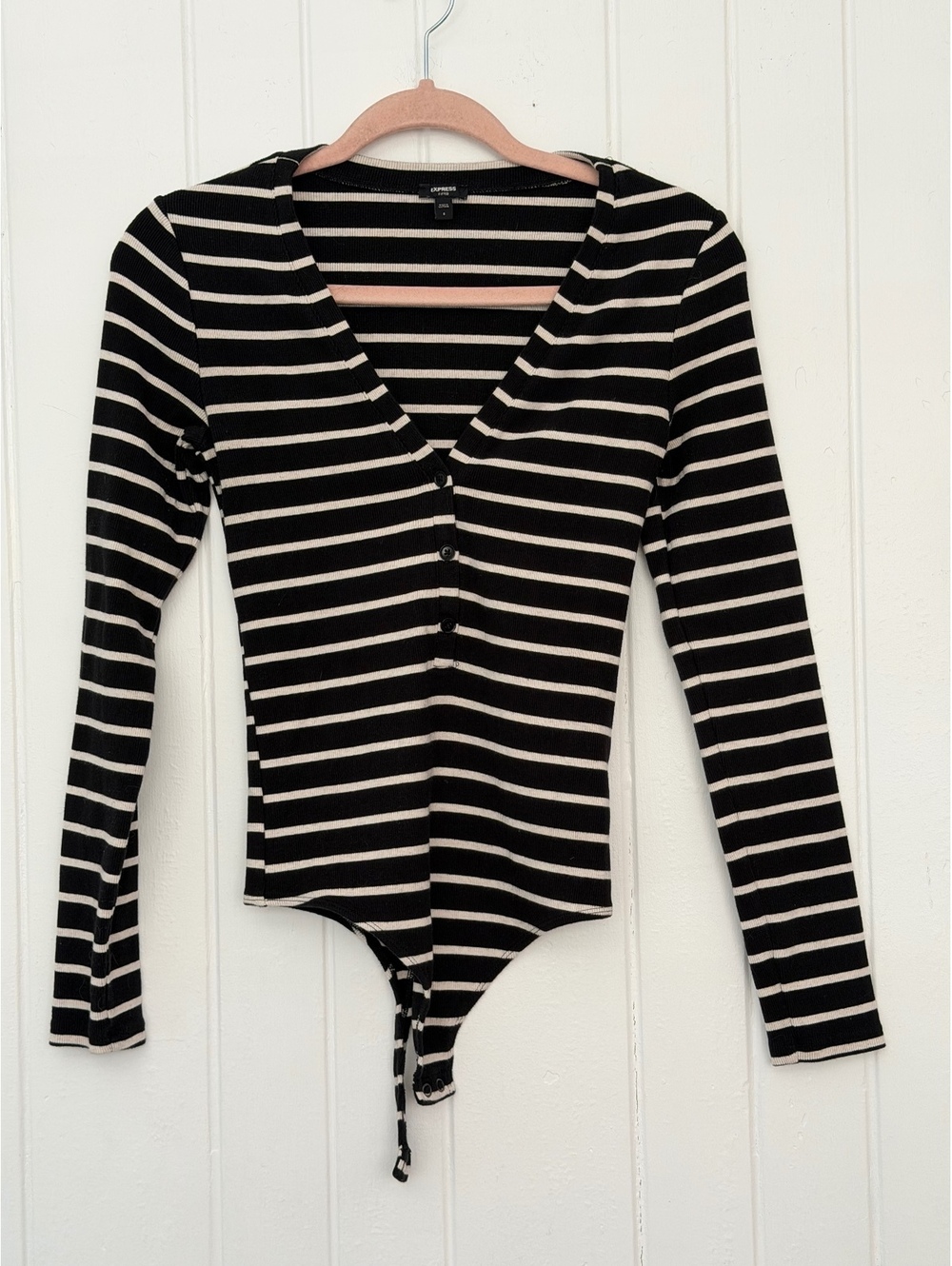 Express Fitted Black and White Striped Long Sleeve Bodysuit Size Small